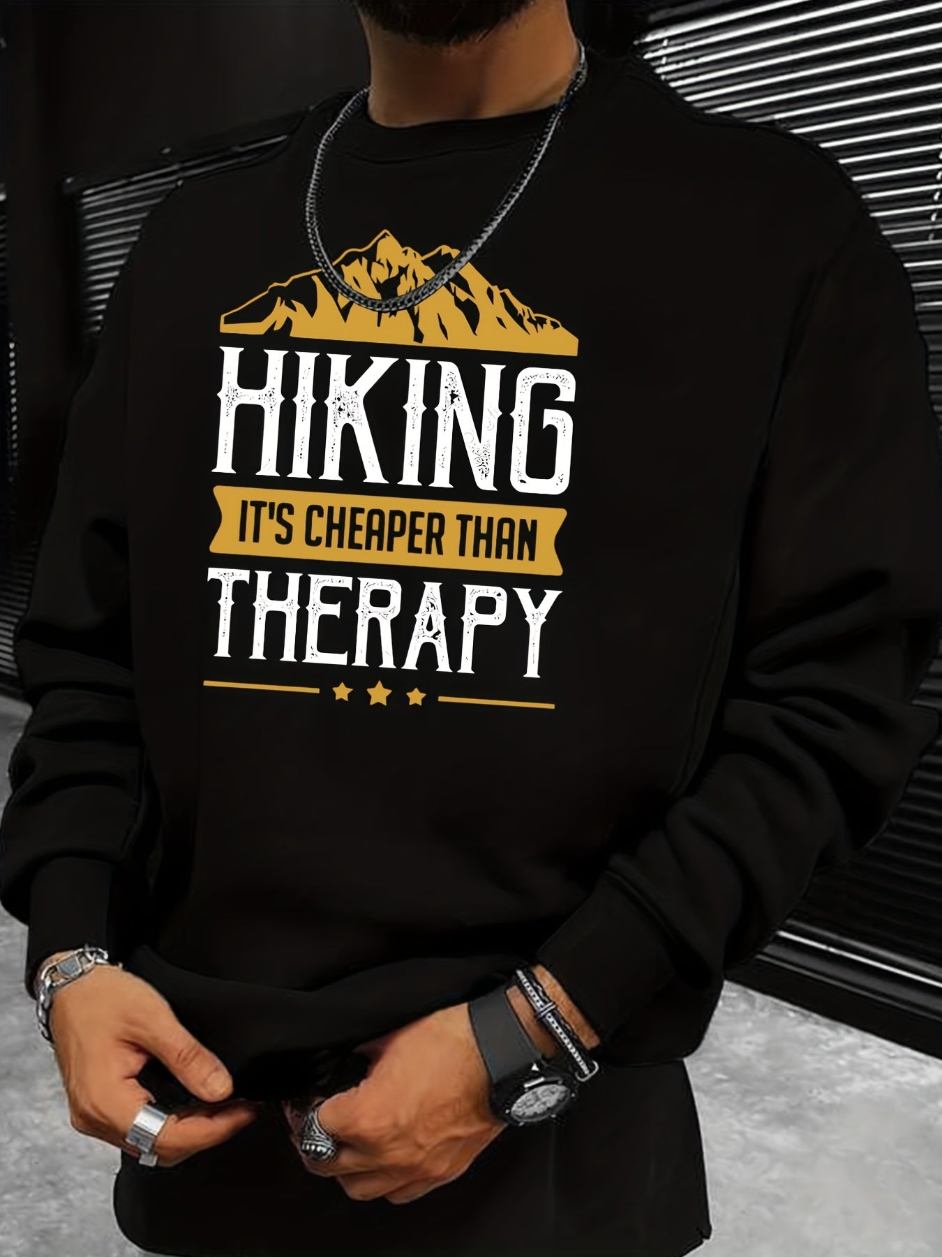 Mountain Hiking Print Sweatshirt Men's Casual Graphic Crew Neck Pullover