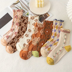 7 Pairs Floral Print Socks Comfy & Mid Tube Socks Women's Stockings