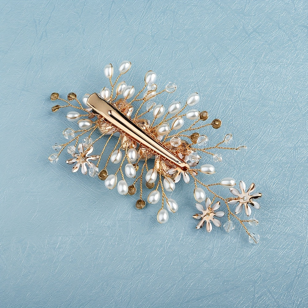 Flower Charm Braided Hair Clip Rhinestone & Faux Pearl Decor Barrette