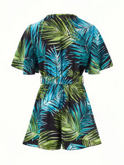 Boho Floral Print Belted Jumpsuit Flutter Sleeve Deep V Neck Casual Jumpsuit
