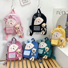 Kids Cartoon Rabbit Plaid Backpack With Teddy Bear Plush