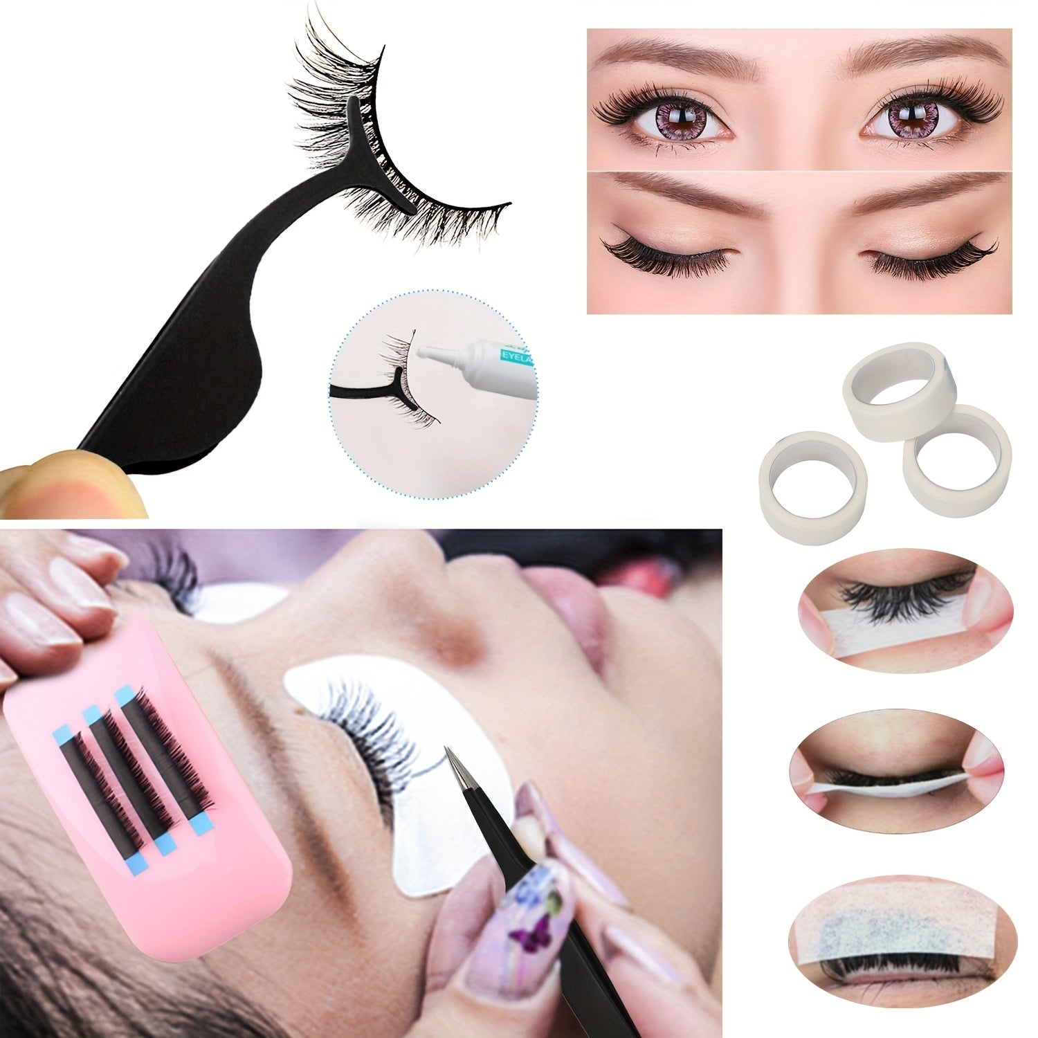 Eyelash Extension Kit with Tweezers Set, Mascara Brush & Swabs