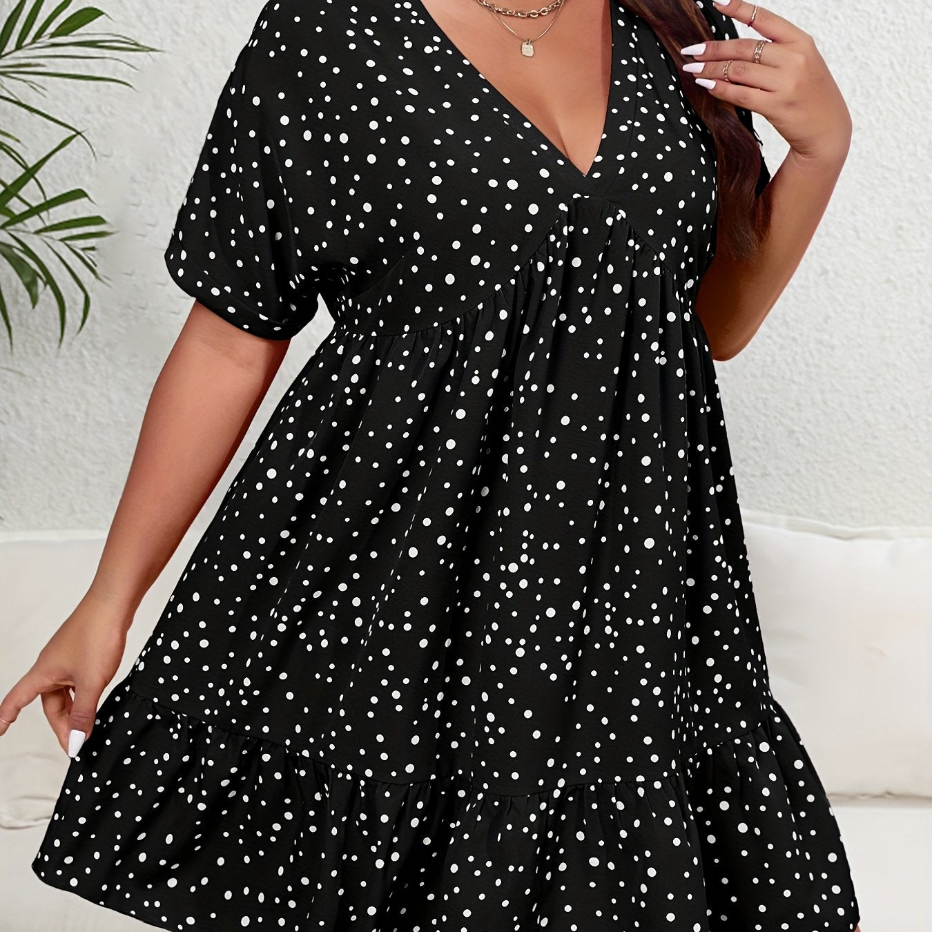 Polka Dot Ruffle Trim V Neck Smock Dress