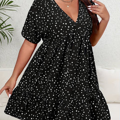 Polka Dot Ruffle Trim V Neck Smock Dress