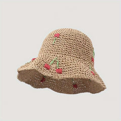 Ruffles Brim Vintage Sun Hat Cherry Crochet Straw Hat UV Protection