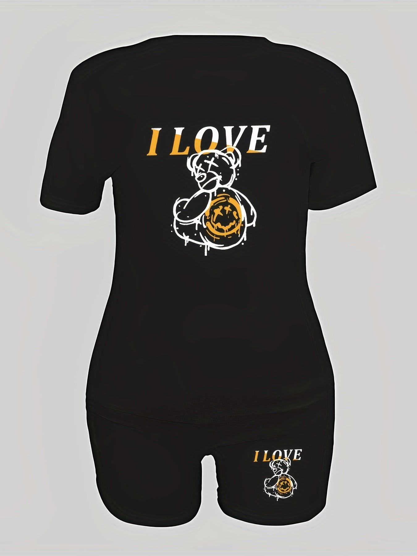 Letter & Bear Print Two Piece Set Casual T shirt & Biker Shorts Outfits