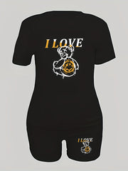 Letter & Bear Print Two Piece Set Casual T shirt & Biker Shorts Outfits