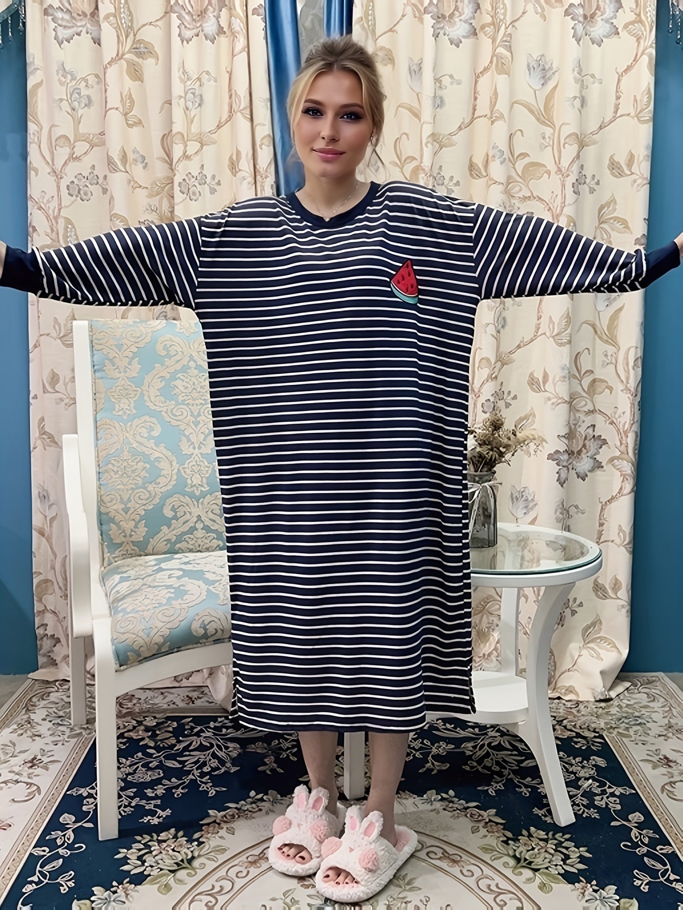 Watermelon Print Lounge Dress Long Sleeve Striped Home Dress