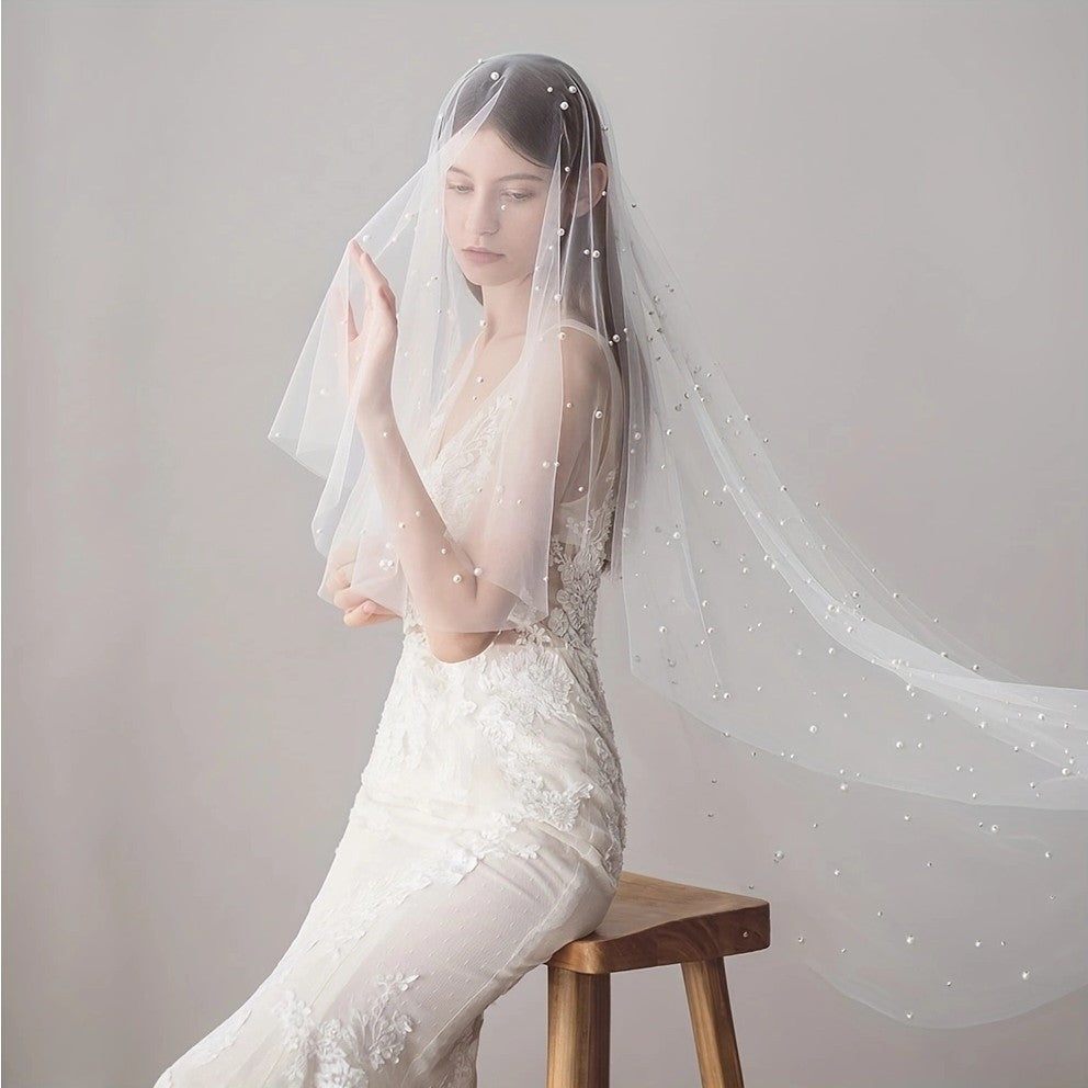 Pearl Inlaid Veil & Headband Bridal Headwear