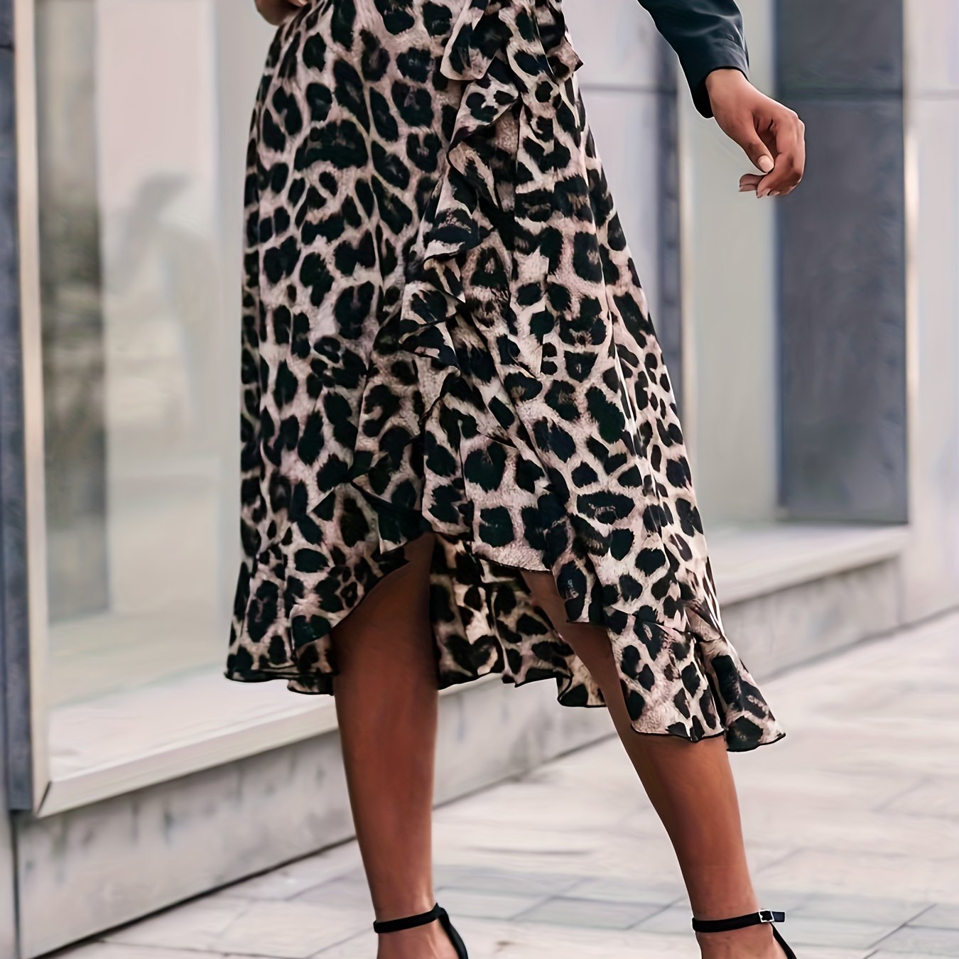 Leopard Print Ruffle Trim Skirt Boho Tie Waist Skirt