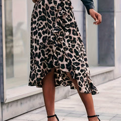 Leopard Print Ruffle Trim Skirt Boho Tie Waist Skirt