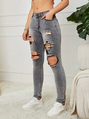 High Waist Distressed Jeans High Strech Solid Street Style Denim Pants
