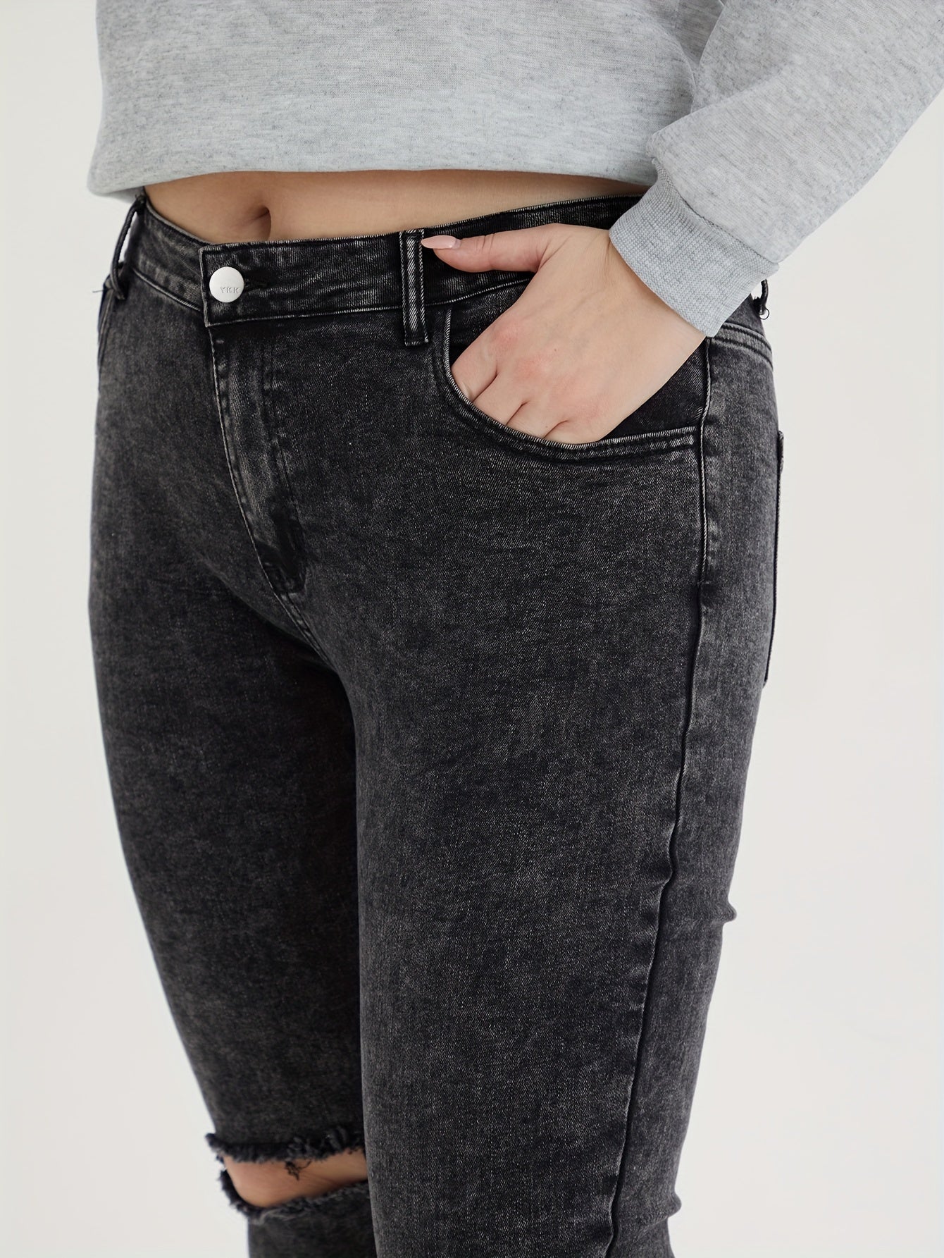 Ripped Button Fly High Stretch Jeans