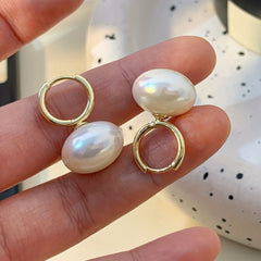 Metal Baroque Pearl Earrings Pop Pendant Flat Pearl Earrings
