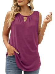 Solid Round Neck Tank Top with Keyhole Front