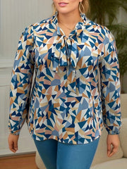 Casual Blouse Women's Plus Geometric Print Lantern Sleeve Tie Front