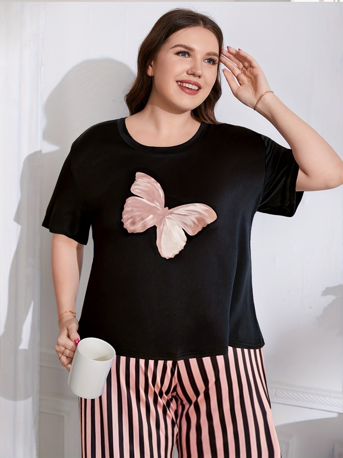 Women's Plus Butterfly Print Short Sleeve Top & Striped Pants Pajama Set