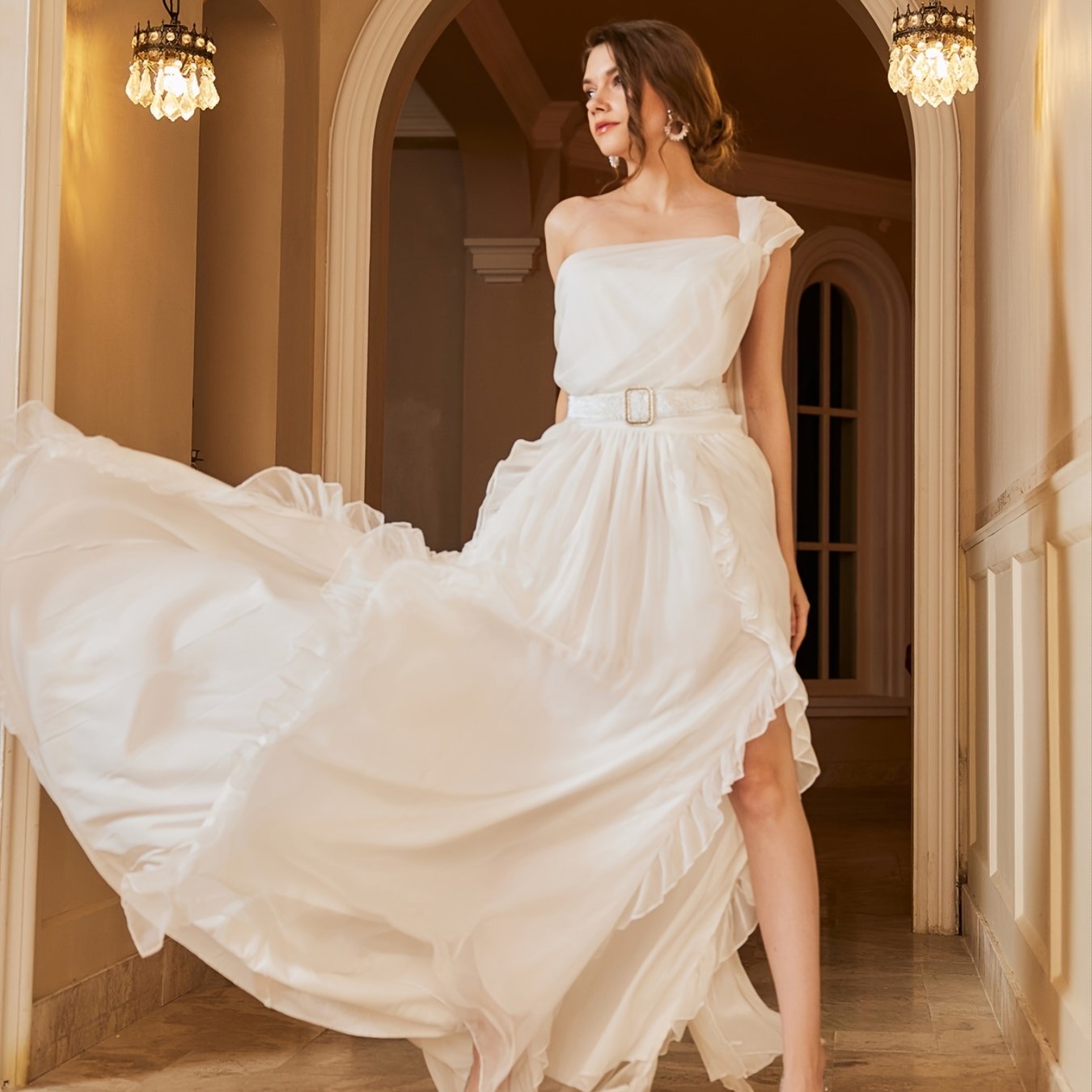 Thigh Mesh Wedding Dress Backless One Shoulder Dress