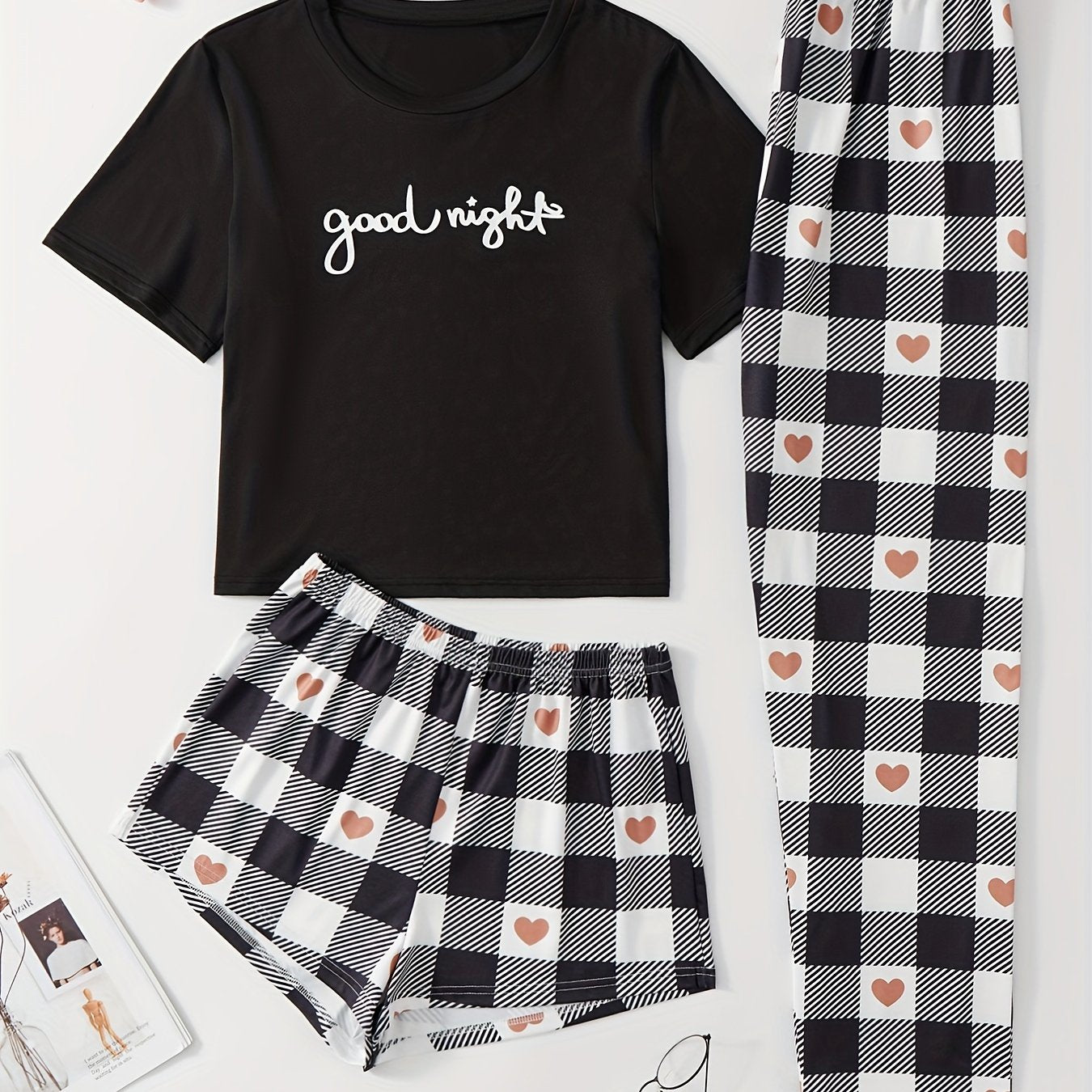 Letter Print Pajamas Set Short Sleeve Top & Bottom Women's Sleepwear