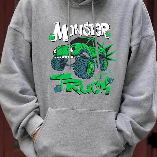 Men's Car Monster Print Hooded Sweatshirt Long Sleeve Drawstrings