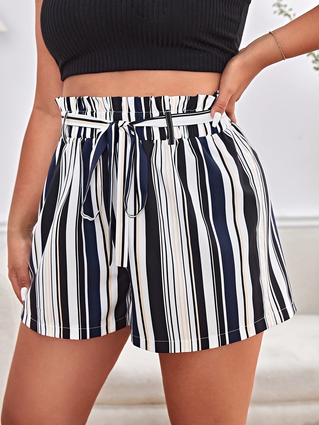 Women's Plus Stripe Print High Rise Shorts with Belt
