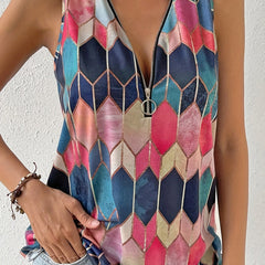 Gem Print Zip Up V Neck Tank Top Women's Clothing