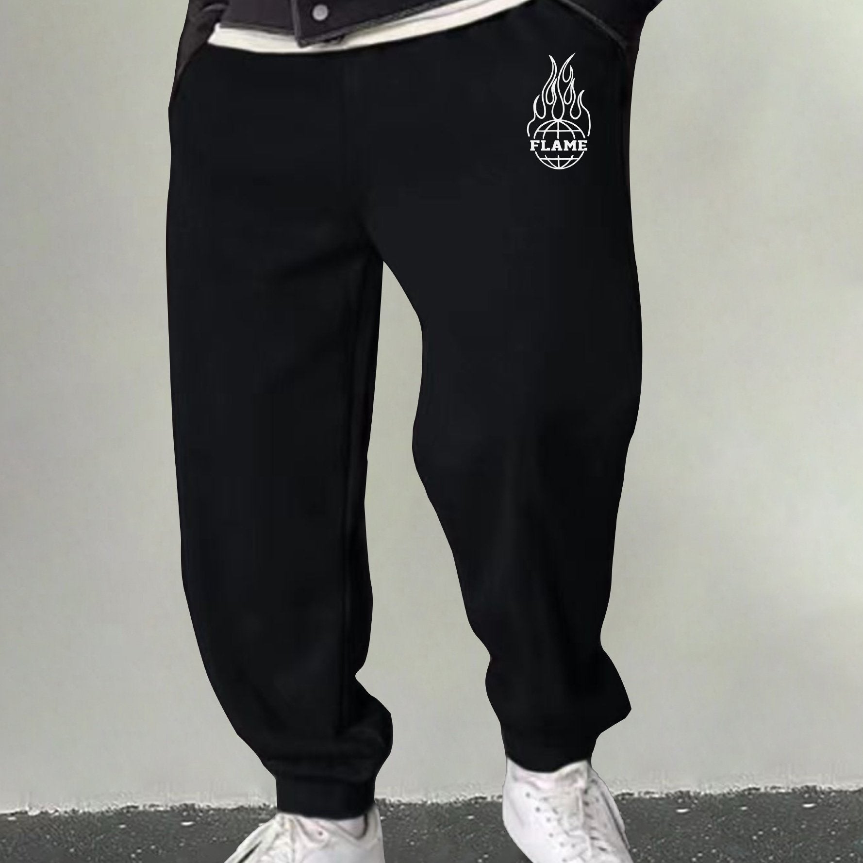 Men's Flame Print Sweatpants Casual Drawstring Loose Pants