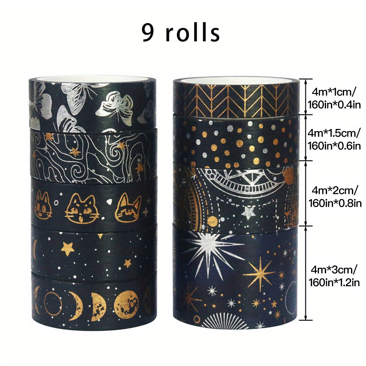 9pcs Golden Washi Tearable Tape for Journal Art Craft DIY Gift Wrap