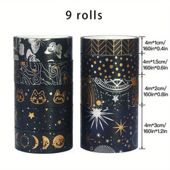 9pcs Golden Washi Tearable Tape for Journal Art Craft DIY Gift Wrap