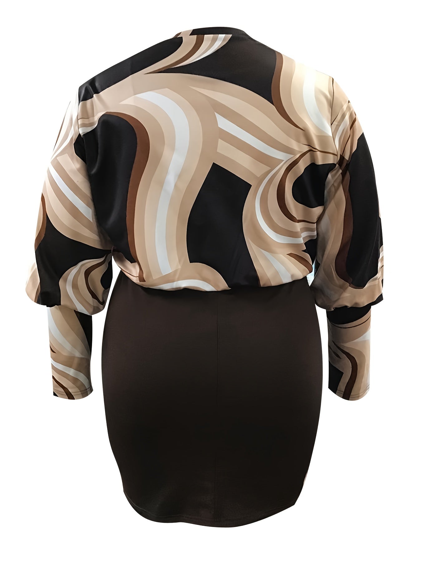 Women's Plus Colorblock Stripe Print Lantern Sleeve Round Neck Slim Fit Dress