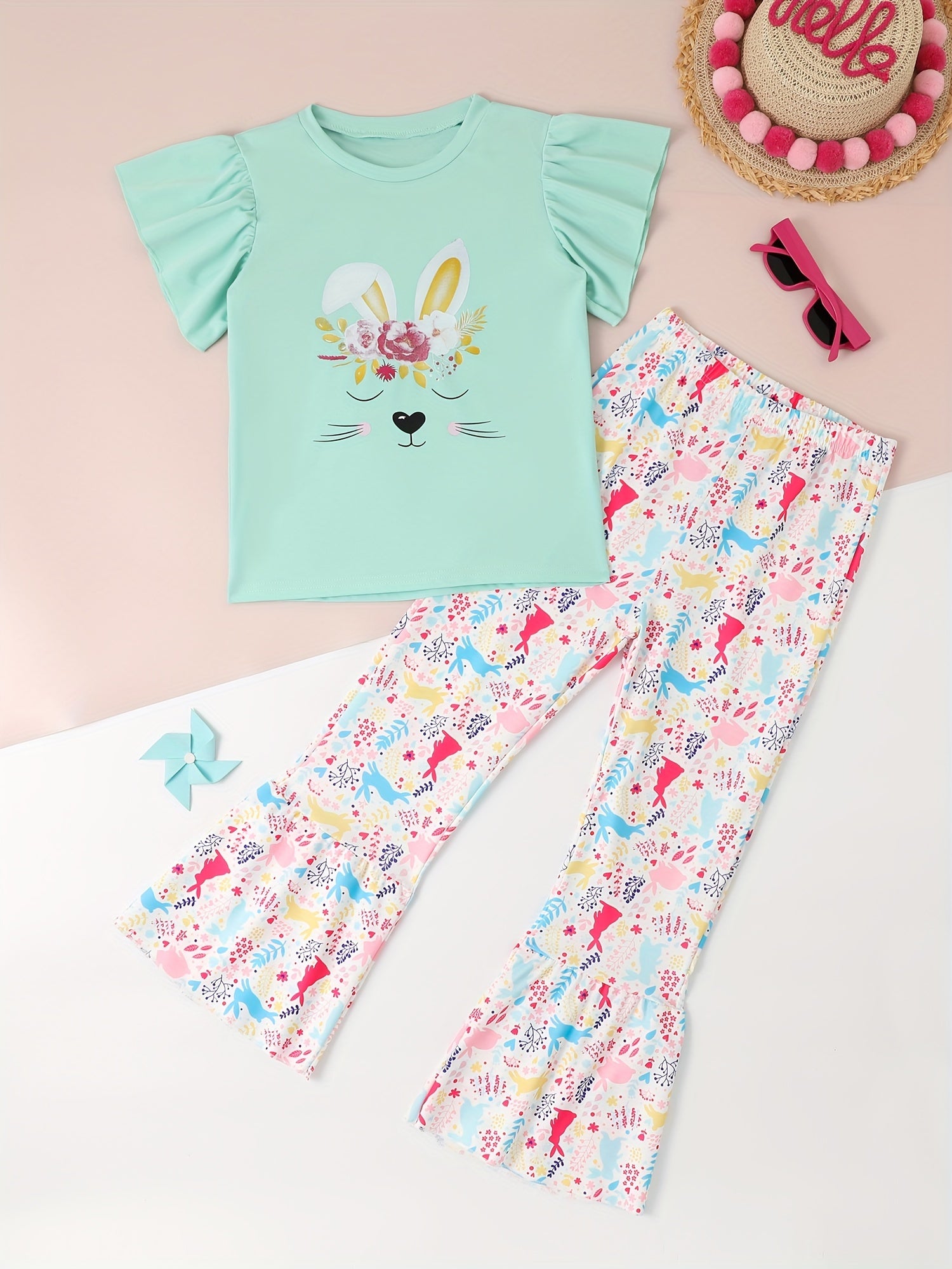Girls Bunny Graphic 2pcs Outfits with Stripped Flare Pants