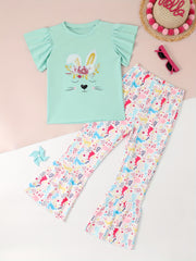 Girls Bunny Graphic 2pcs Outfits with Stripped Flare Pants