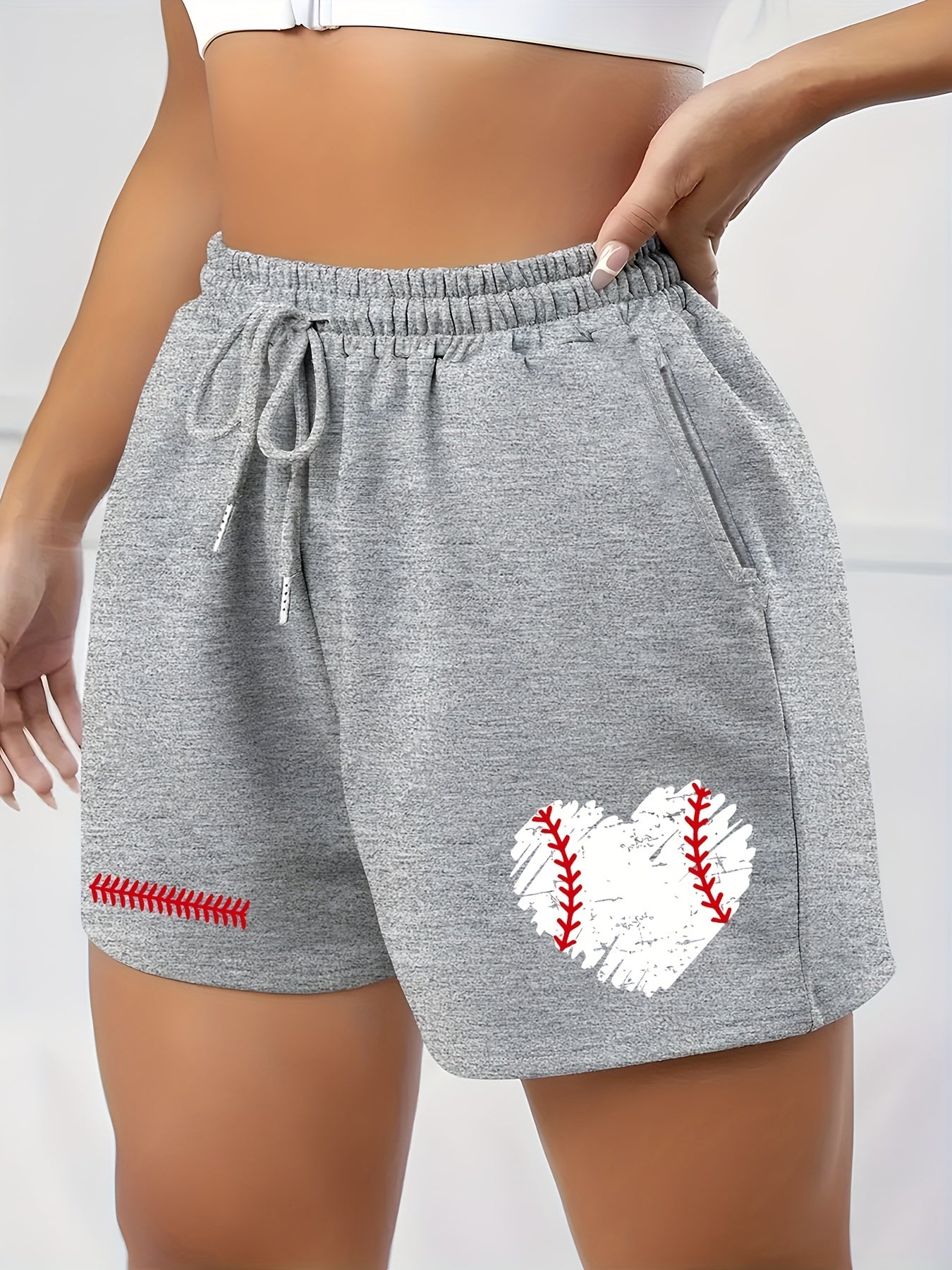 Heart Print Elastic Drawstring Sports Shorts
