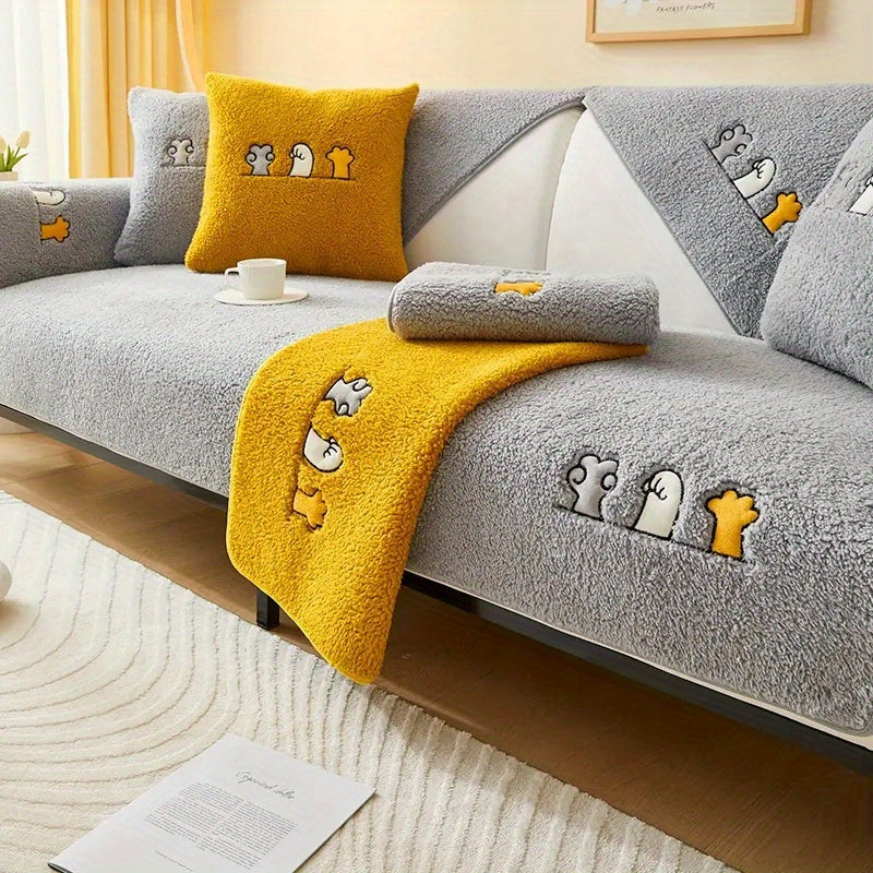 Winter Sherpa Cat Paw Sofa Slipcover Plush Embroidery Boho Furniture