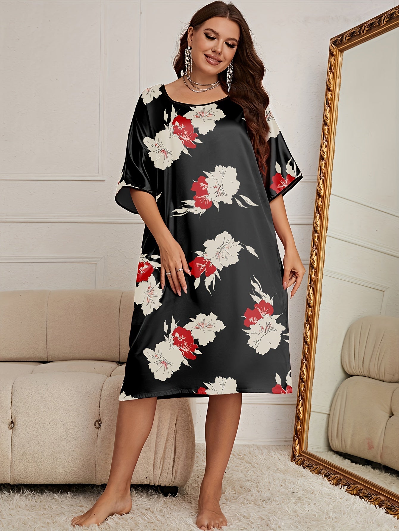 Floral Print Short Sleeve Sleep Dress