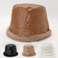 PU Leather Plush Edge Bucket Hat Warm Sun Hats For Women