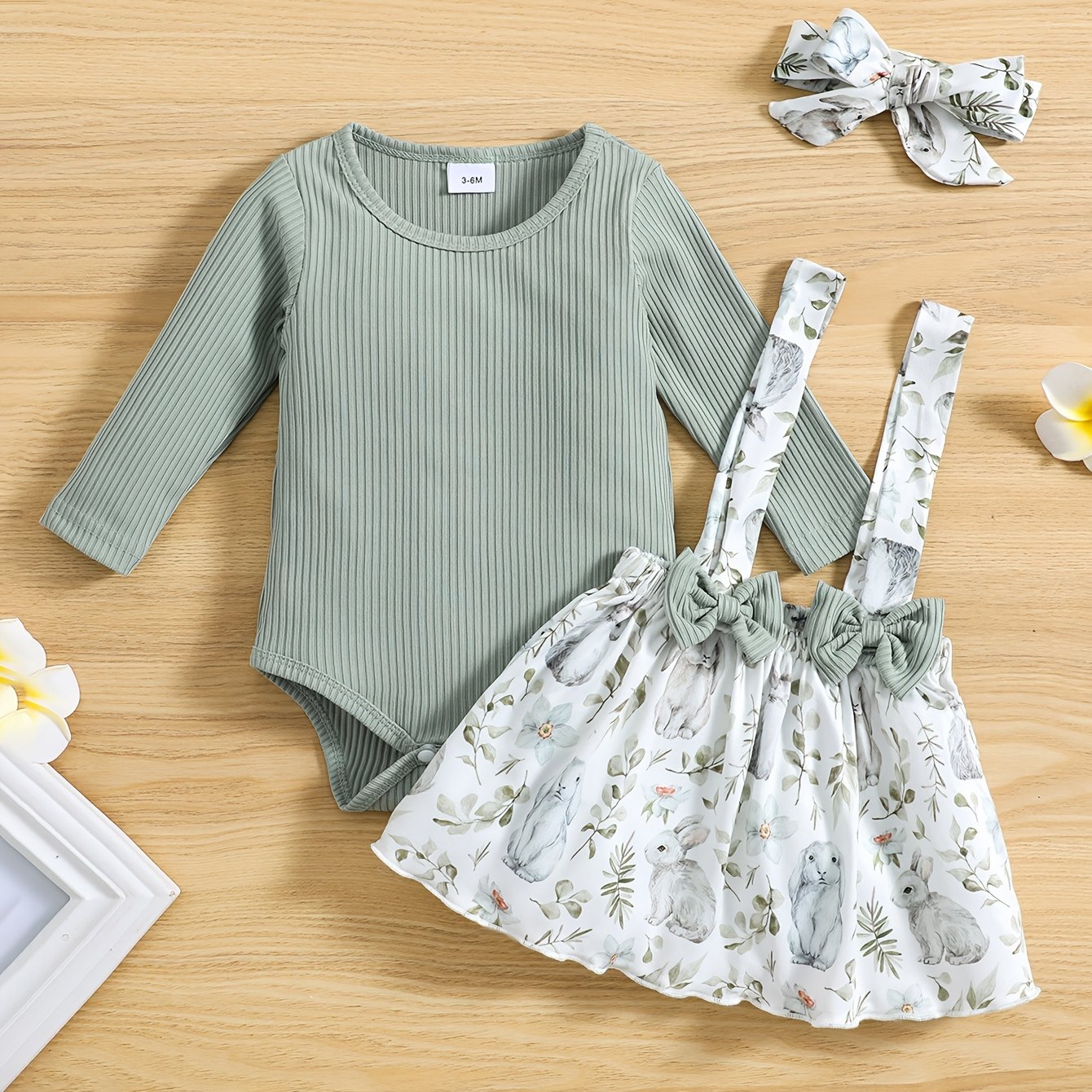 Baby Girls Long Sleeve Romper & Rabbit Print Bib Pants Outfit