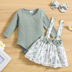 Baby Girls Long Sleeve Romper & Rabbit Print Bib Pants Outfit