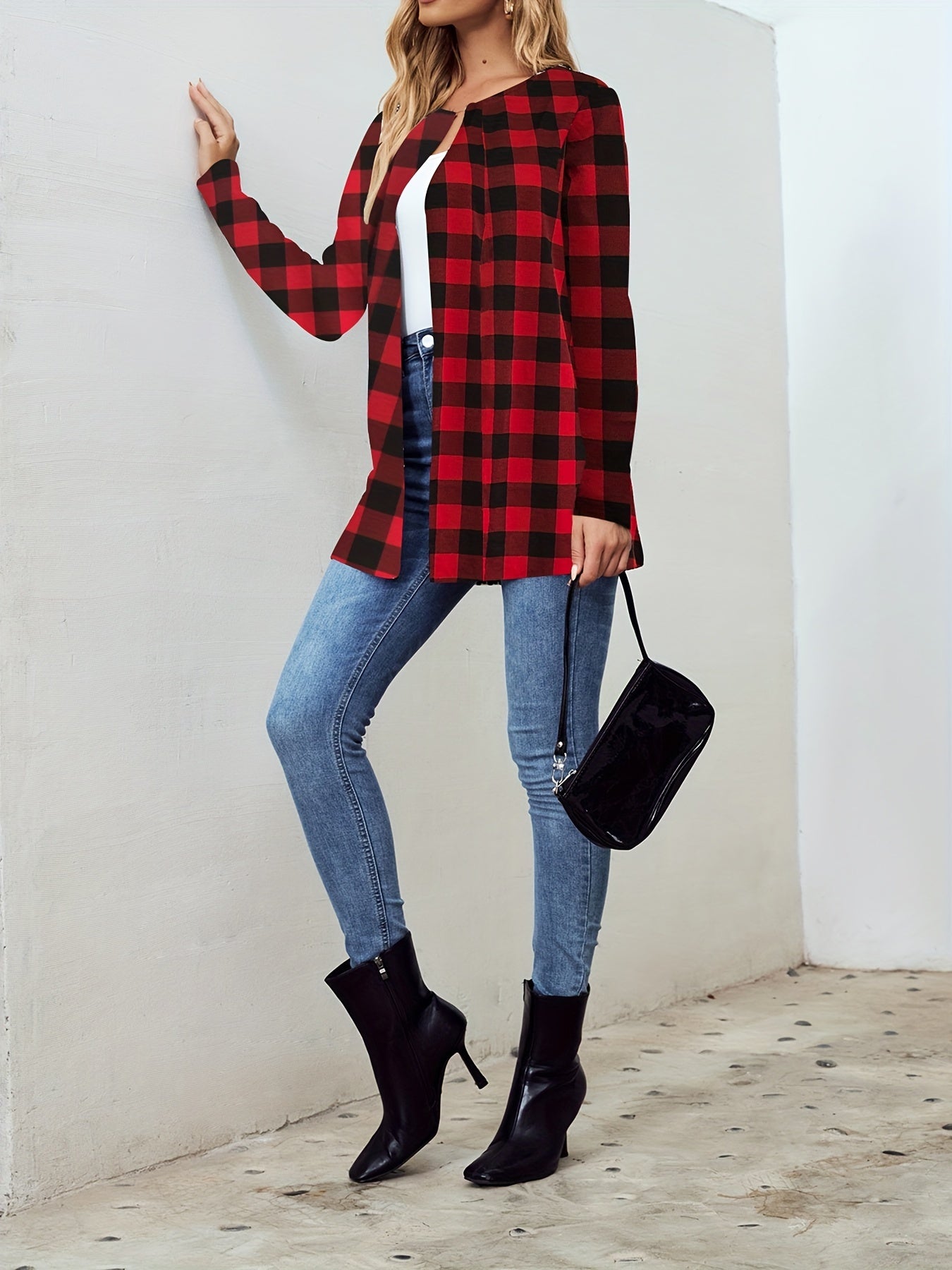 Plaid Crew Neck Jacket Casual Open Front Long Sleeve Jacket