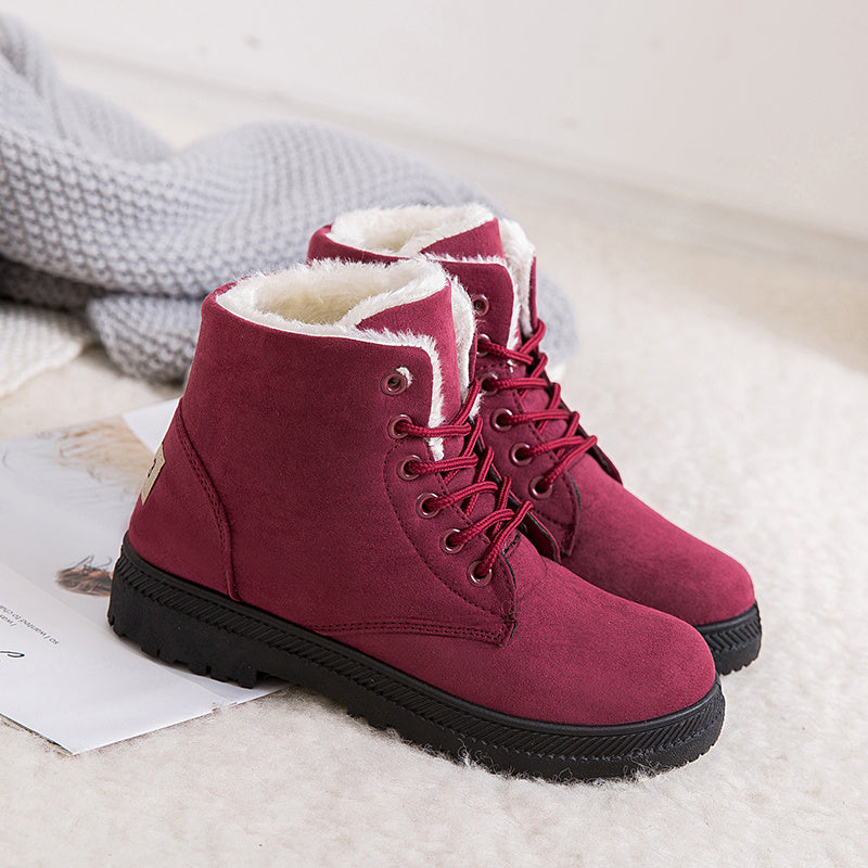 Women's Fleece Ankle Snow Boots Thermal Lace Up Flat Shoes