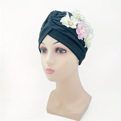 Faux Pearl Flower Turban Beige Head Wrap Ramadan Hijab Hat Chemo Cap