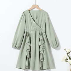Girls V-Neck Ruffled Dress for Autumn & Spring