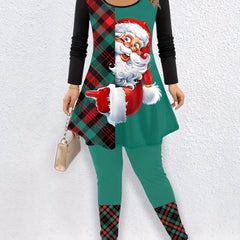 Plus Size Santa Claus & Plaid Print Peplum Top & Leggings 2PC Set