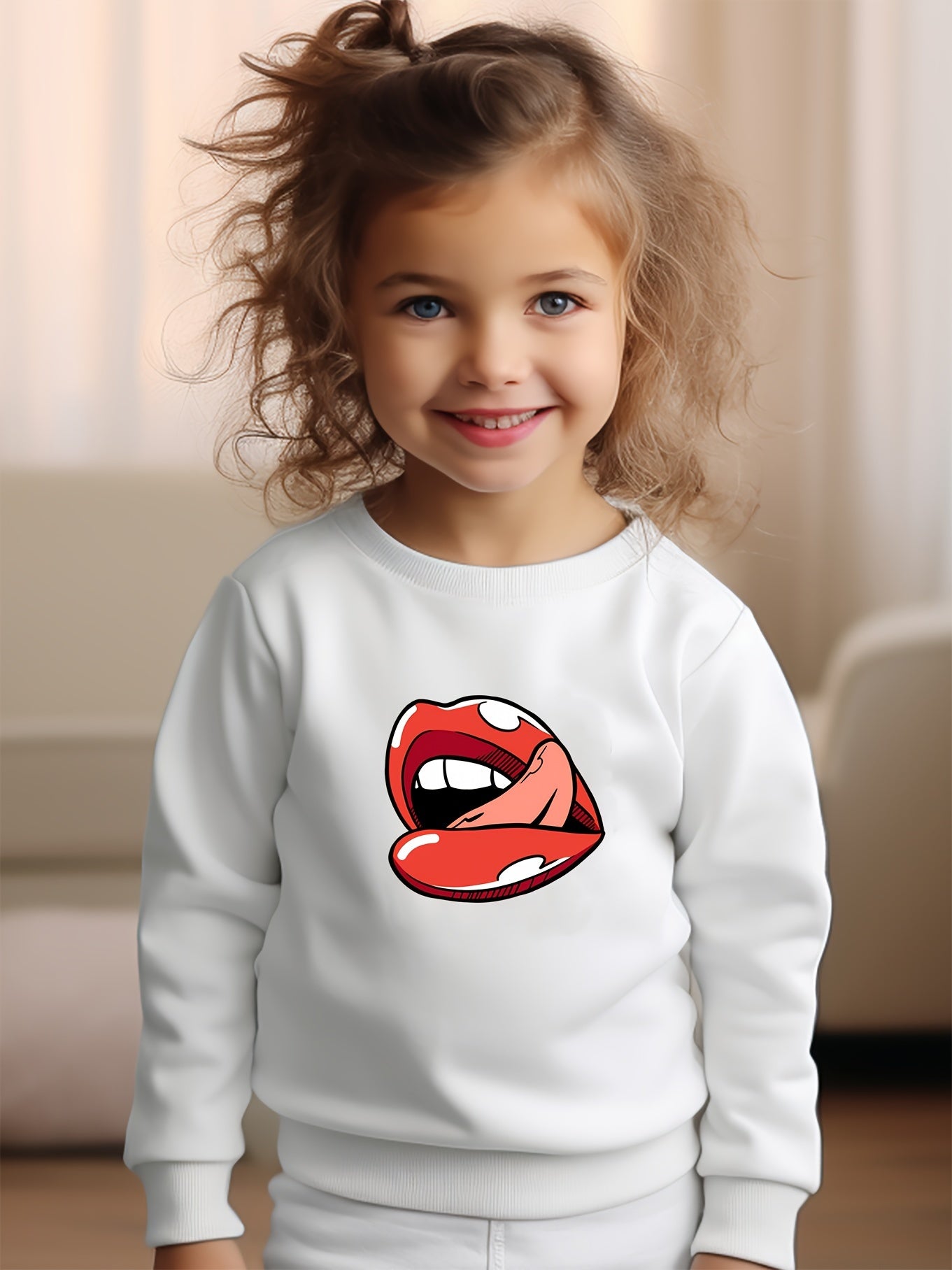 Girls Mouth Pattern Crew Neck Sweatshirt For Spring Fall Christmas Gift