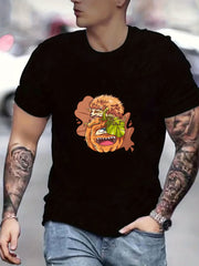 Cartoon Pumpkin & Hedgehog Print Men's Graphic Tee for Summer Vacation