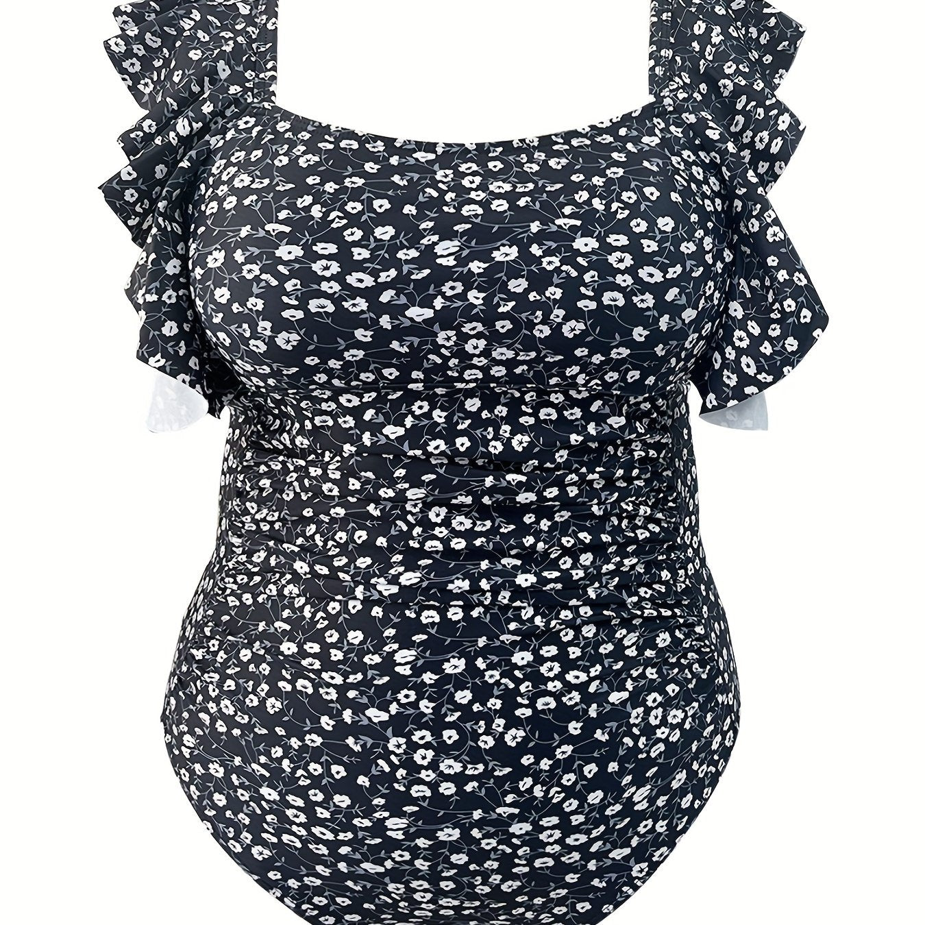 Boho Swimsuit Women's Plus Ditsy Floral Print Ruffle Trim One Piece