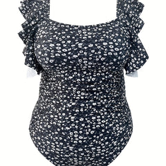 Boho Swimsuit Women's Plus Ditsy Floral Print Ruffle Trim One Piece