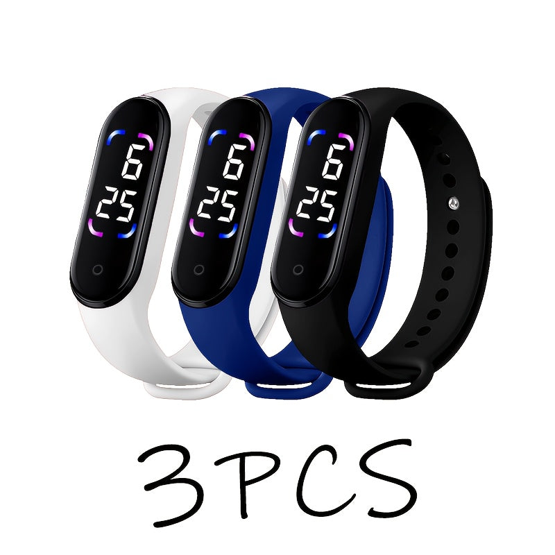 3pcs Touch Screen LED Sports Watches Durable PVC Strap 24-Hour Display