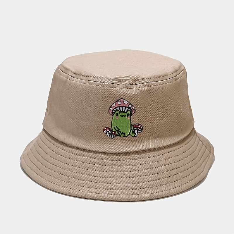 Frog Embroidery Bucket Hat Casual Fisherman Cap Unisex Sunscreen Basin Hats