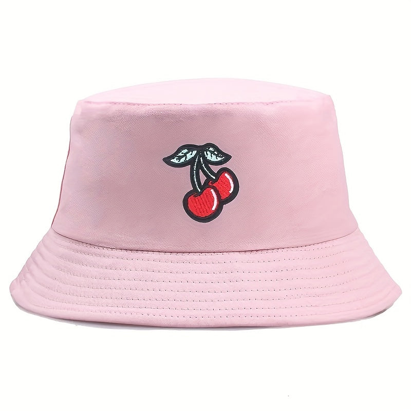 Cherry Embroidery Patch Bucket Hat Solid Sunscreen Cartoon Basin Hats